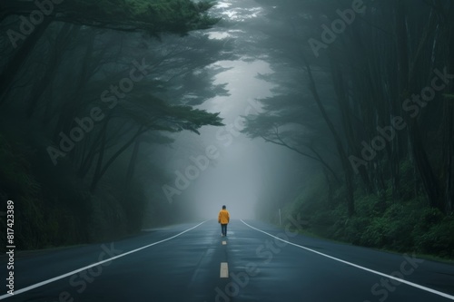 person in the fog in the middle of the road, lone figure on the misty forest path photo