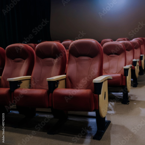 Close up photo of rows of red seats in the cinema/theatre/concert hall-cinema.Generated image
