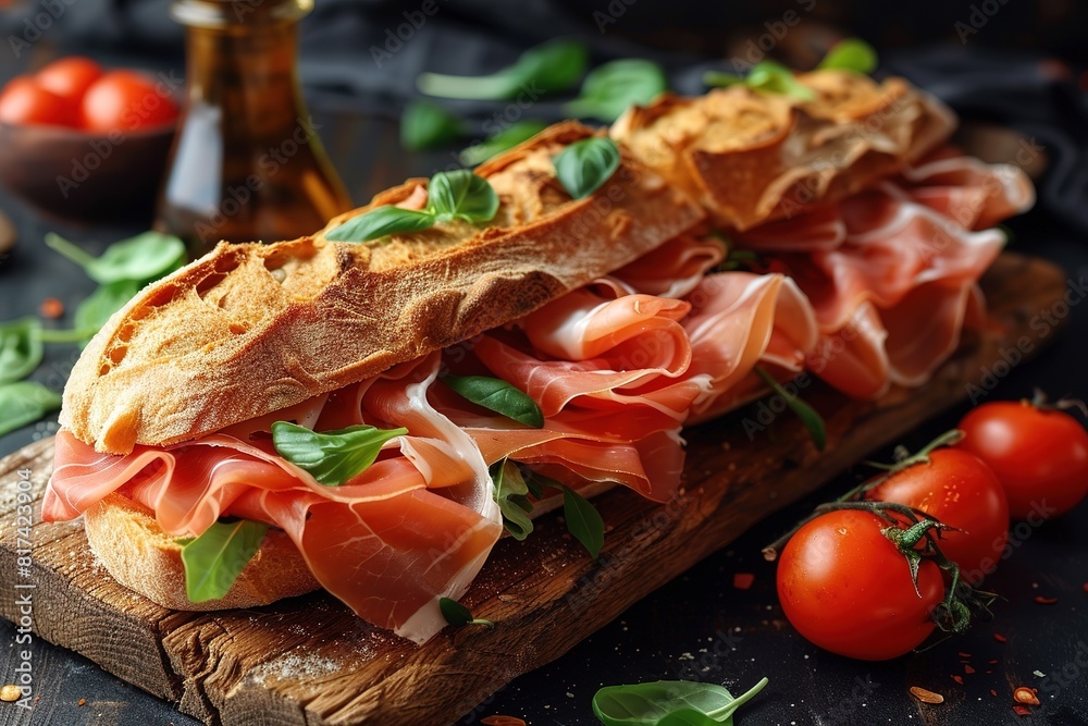 Homemade Italian Sub Sandwich with prosciutto or jamon, Tomato, and Lettuce