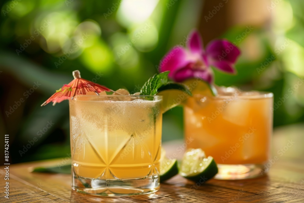 Tropical Cocktails with Lime and Orchid Garnish Tropical Cocktails with Lime and Orchid Garnish