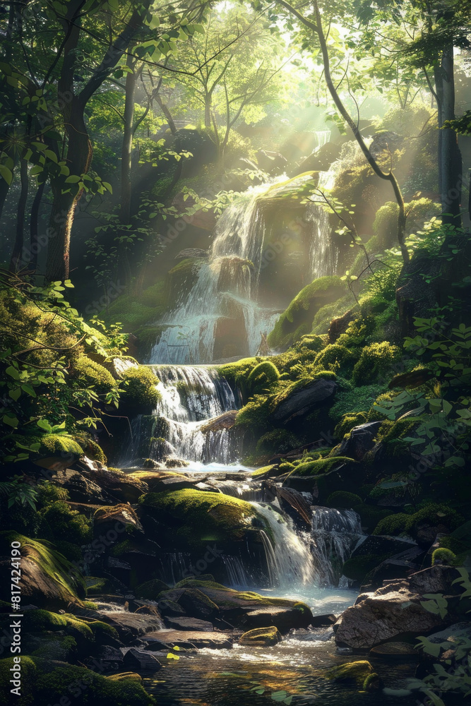 Obraz premium A mystical forest waterfall cascading over moss-covered rocks, with sunlight filtering through the dense canopy of trees, casting enchanting rays of light on the shimmering waters below