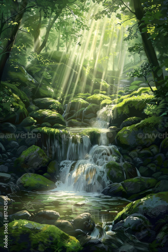 A mystical forest waterfall cascading over moss-covered rocks  with sunlight filtering through the dense canopy of trees  casting enchanting rays of light on the shimmering waters below