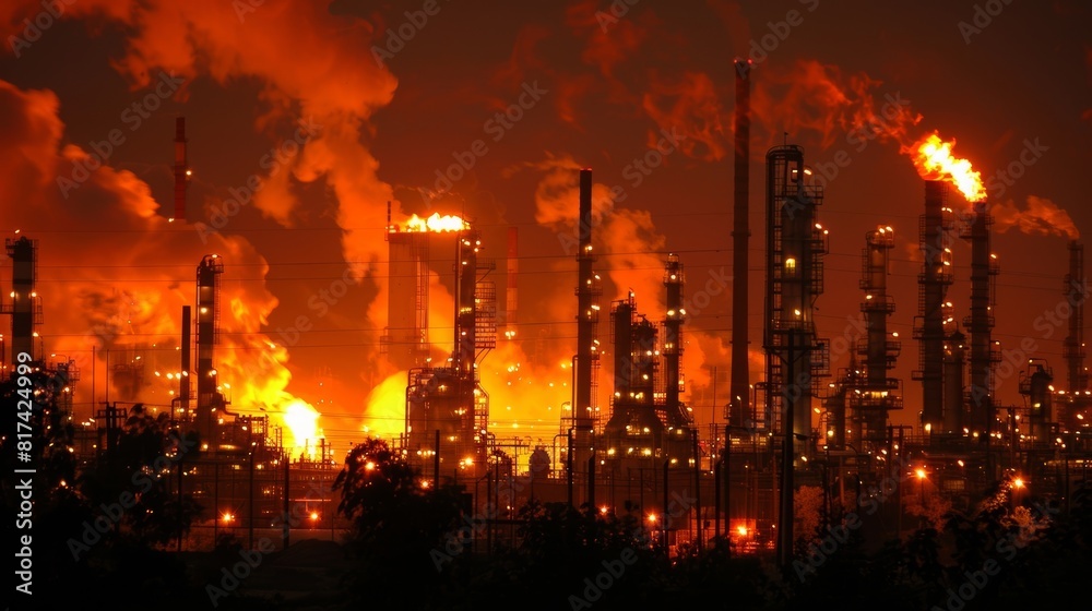 As the sun sets the silhouettes of the refinerys structures are illuminated by flickering lights and fiery flares. As the sun sets the silhouettes of the refinerys structures are illuminated by flickering lights and fiery flares.