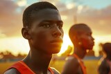 young african male athlete on sports field with teammates at sunset