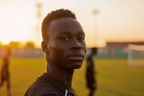 young african male athlete on sports field with teammates at sunset