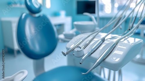 Banner dentists room office. Closeup different dental instruments and tools  blue toning.