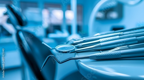 Banner dentists room office. Closeup different dental instruments and tools, blue toning. photo