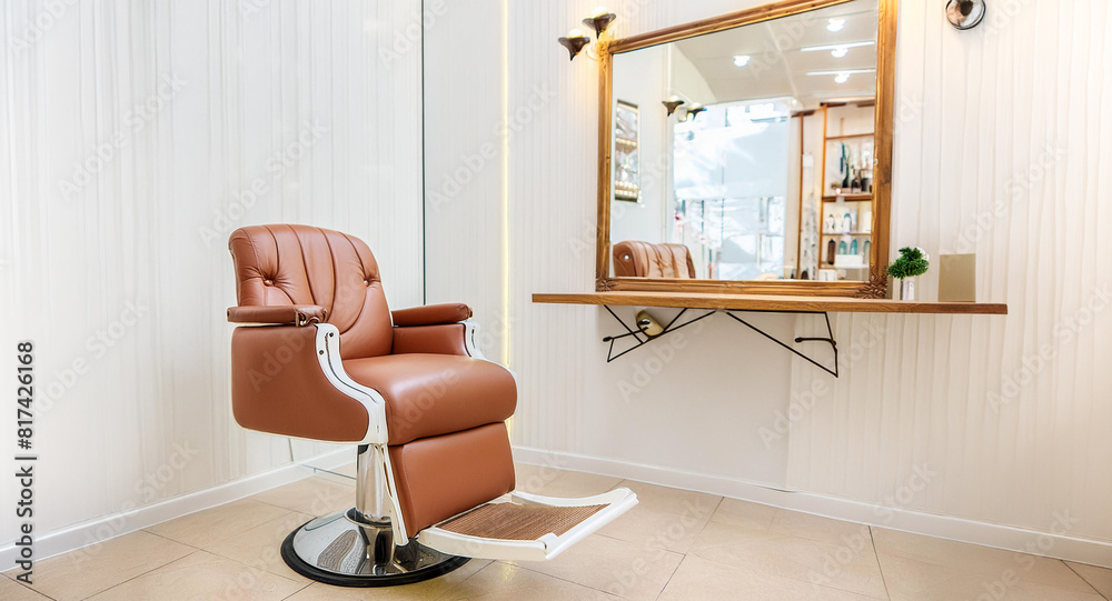 Fototapeta premium Brown leather barber's chair in a traditional barbershop. Brightly lit, with mirror.