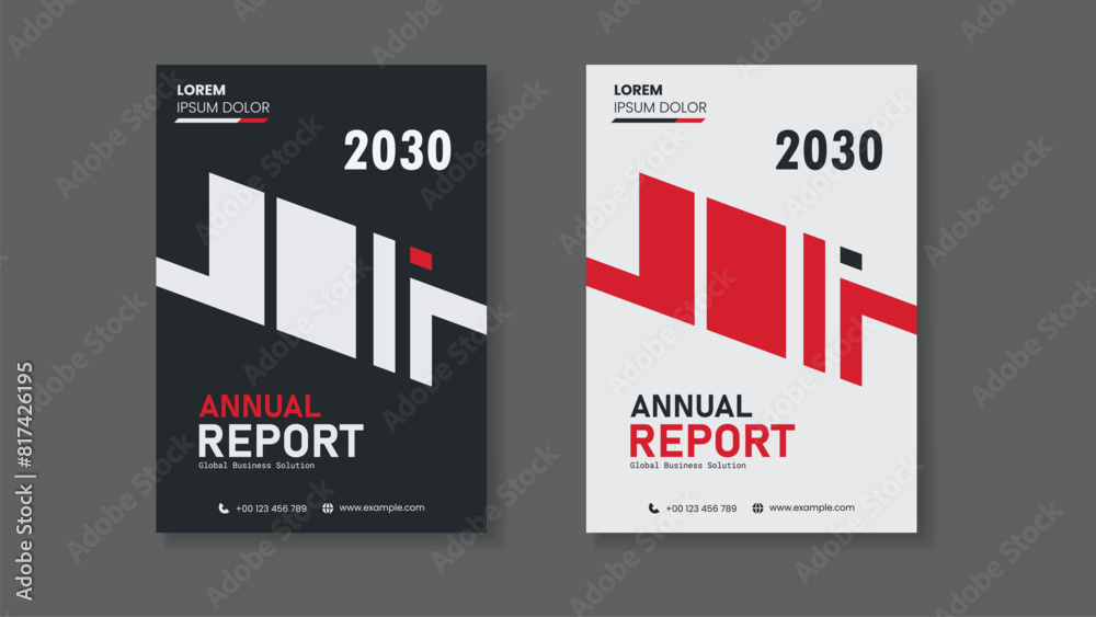 Two vertical annual report covers with red and white stripes, suitable for financial reports or business presentations with a modern design.