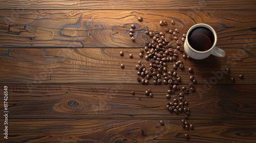 A wood-grained table with a coffee cup in the center, top compositional angle with a few coffee beans spilled on the tabletop, close up perspective