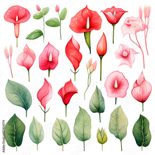 Watercolor stickers set clipart red flower