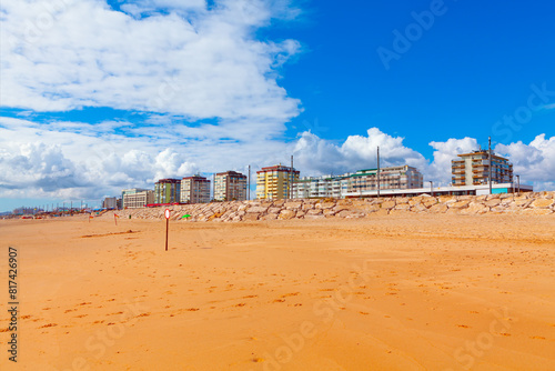 Sandy beach and resorts in Costa da Caparica, Lisbon Portugal 