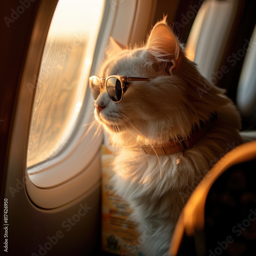Gato feliz con pasaporte viajando en vuelo en primera clase. photo