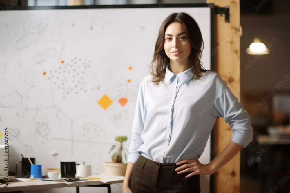 Portrait of confident businesswoman standing with hand on hip by whiteboard at creative office Portrait of confident businesswoman standing with hand on hip by whiteboard at creative office