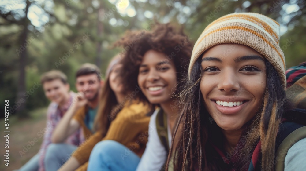 multiethnic young friends smiling and posing for a selfie while sitting outdoors in nature. Panoramic banner with selective focus and a soft background in the style of copy space. generative AI multiethnic young friends smiling and posing for a selfie while sitting outdoors in nature. Panoramic banner with selective focus and a soft background in the style of copy space. generative AI