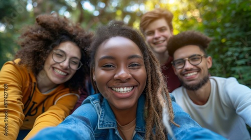 multiethnic young friends smiling and posing for a selfie while sitting outdoors in nature. Panoramic banner with selective focus and a soft background in the style of copy space. generative AI