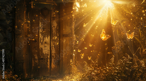 A weathered wooden door with faded butterfly carvings  surrounded by a halo of golden sunlight  illuminating the path to mystical wonders.