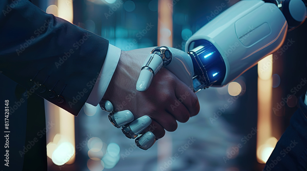 Naklejka premium Human-Robot Handshake - AI and Human interaction - IA