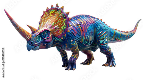 A 3D rendered Triceratops with a creative and colorful skin design set on a white background  perfect for prints and digital media 