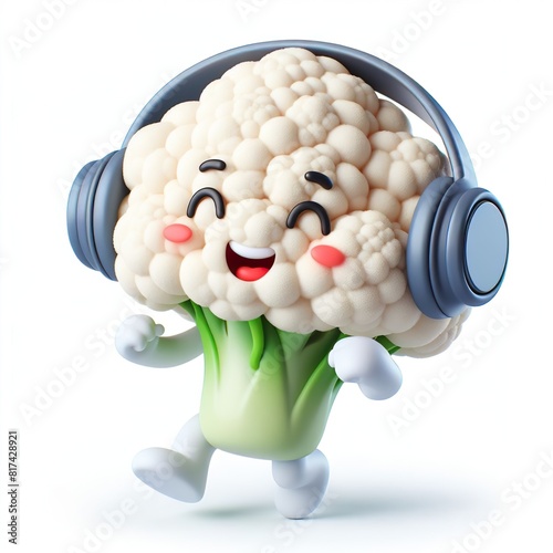 cute 3D funny cartoon cauliflower with small wireless headphone on head smiling and dancing, white background photo