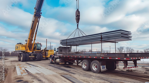 Industrial Crane Loading Steel Sheets onto Flatbed Trailer
