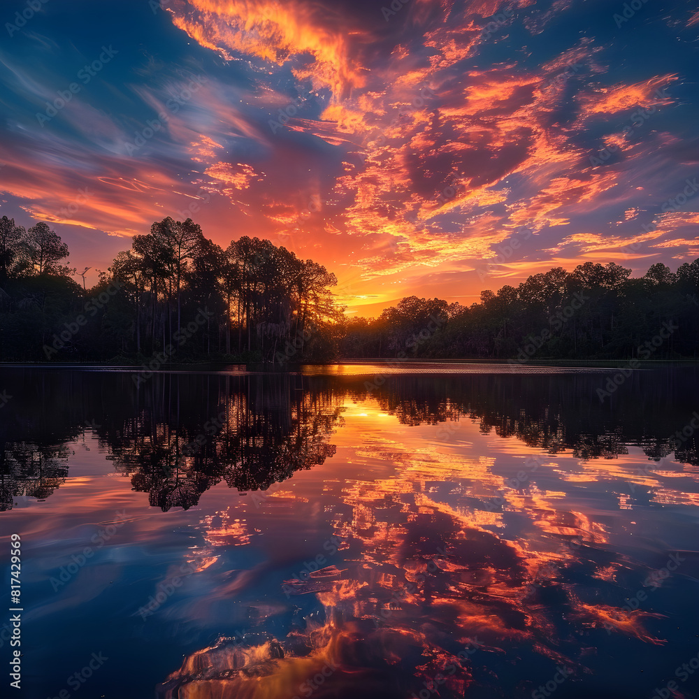 Enchanting Sunset Over Serene Lake Surrounded by Silhouetted Trees