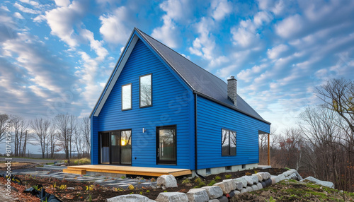 A striking cobalt blue house with siding, set in a minimal landscape, offering a modern take on suburban living.