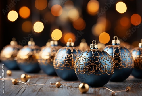 Festive Blue and Gold Christmas Ornaments on Wooden Table