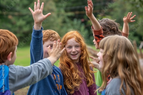 Group of happy kids having fun and playing together outdoors in the park