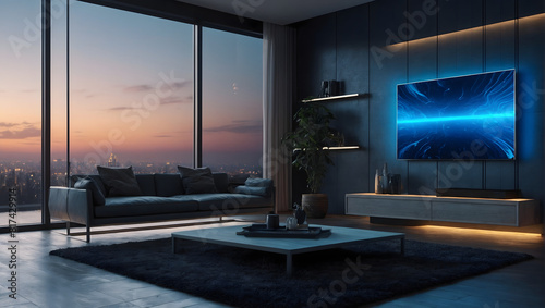 Modern smart home design with monitor screen and blue neon lights. photo