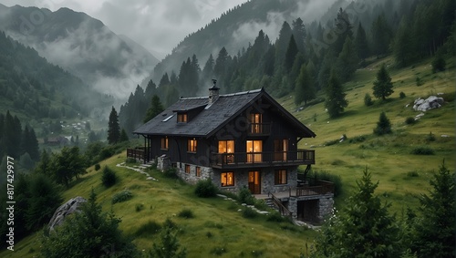 An isolated mountain abode stands gracefully amidst the lush greenery of a Northern European landscape veiled in mist, exuding timeless charm ai_generated photo