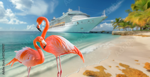 Beautiful Tropical Flamingo on the Sandy Shore with Docked Cruise Ship in the Background.