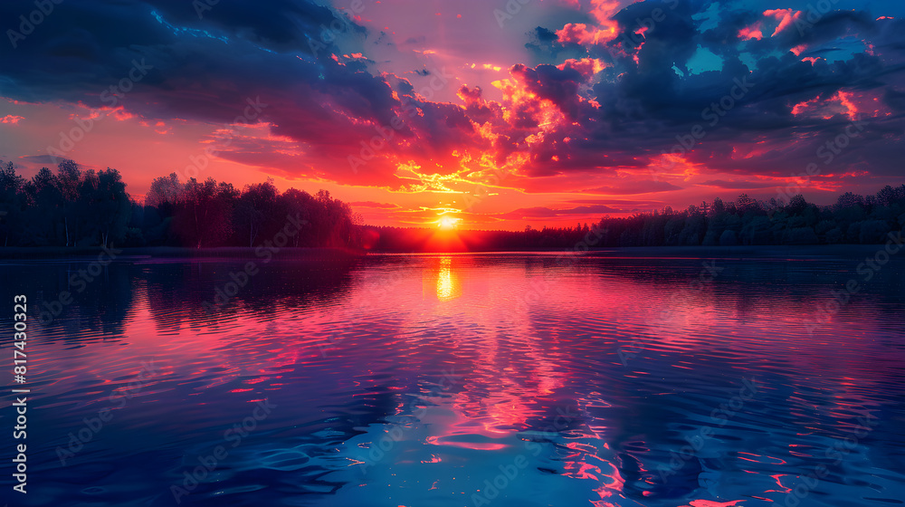 Enchanting Sunset Over Serene Lake Surrounded by Silhouetted Trees