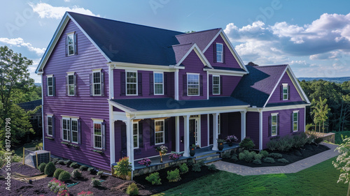 An aerial perspective captures the elegant eggplant purple house with siding and shutters  making a sophisticated statement in the suburban landscape  its deep hue contrasting beautifully 