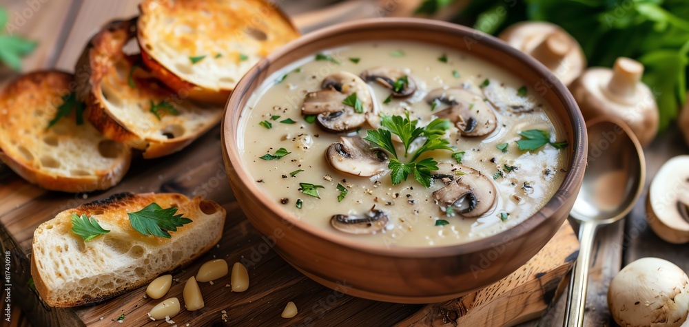 Cream of mushroom soup in wooden bowl with toasted bread Cream of mushroom soup in wooden bowl with toasted bread