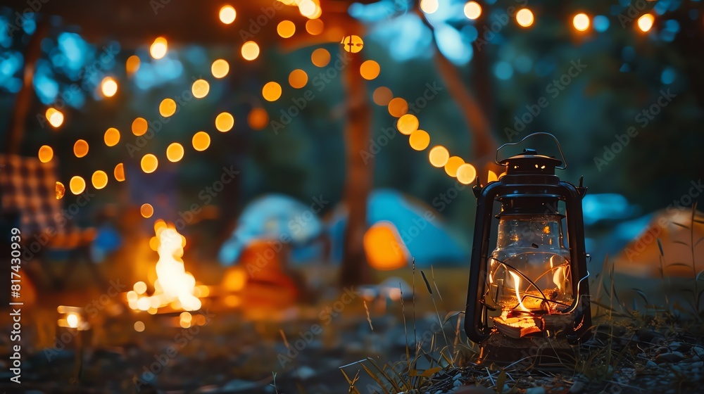 The lantern is placed on the ground near the bonfire. There are several tents in the background. The picture is taken in the evening. The lights are blurred in the background. The lantern is placed on the ground near the bonfire. There are several tents in the background. The picture is taken in the evening. The lights are blurred in the background.