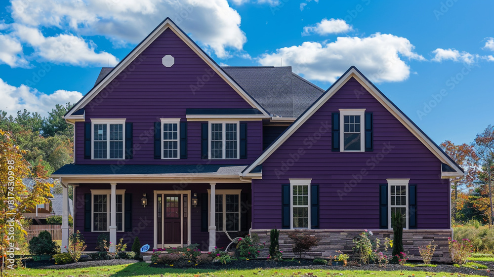 An elegant eggplant purple house with siding and shutters makes a sophisticated statement in the suburban landscape, its deep hue contrasting beautifully with the azure sky above on a sunny day.