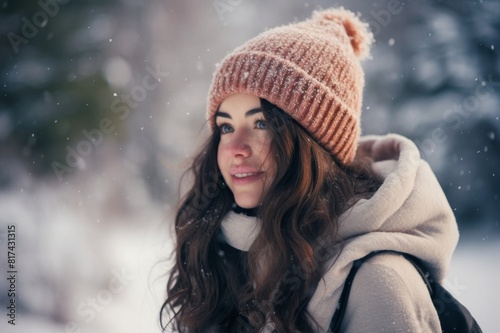 Portrait of young woman enjoying a fresh snow fall in the forest