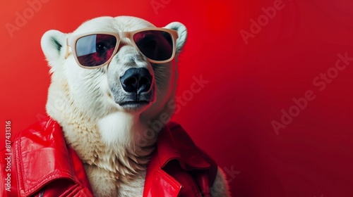 Creative animal concept. Polar Bear in glam fashionable couture high end outfits isolated on bright background advertisement, copy space. birthday party invite invitation banner.