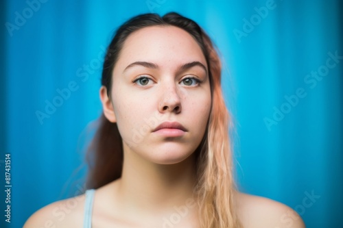 portrait of young woman standing in front of blue background
