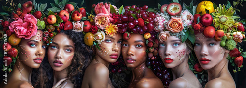 beautiful women with different hair and skin colors, each wearing an outfit made of flowers and leaves in bright orange, blue, green, yellow, and red colors.  © Kien