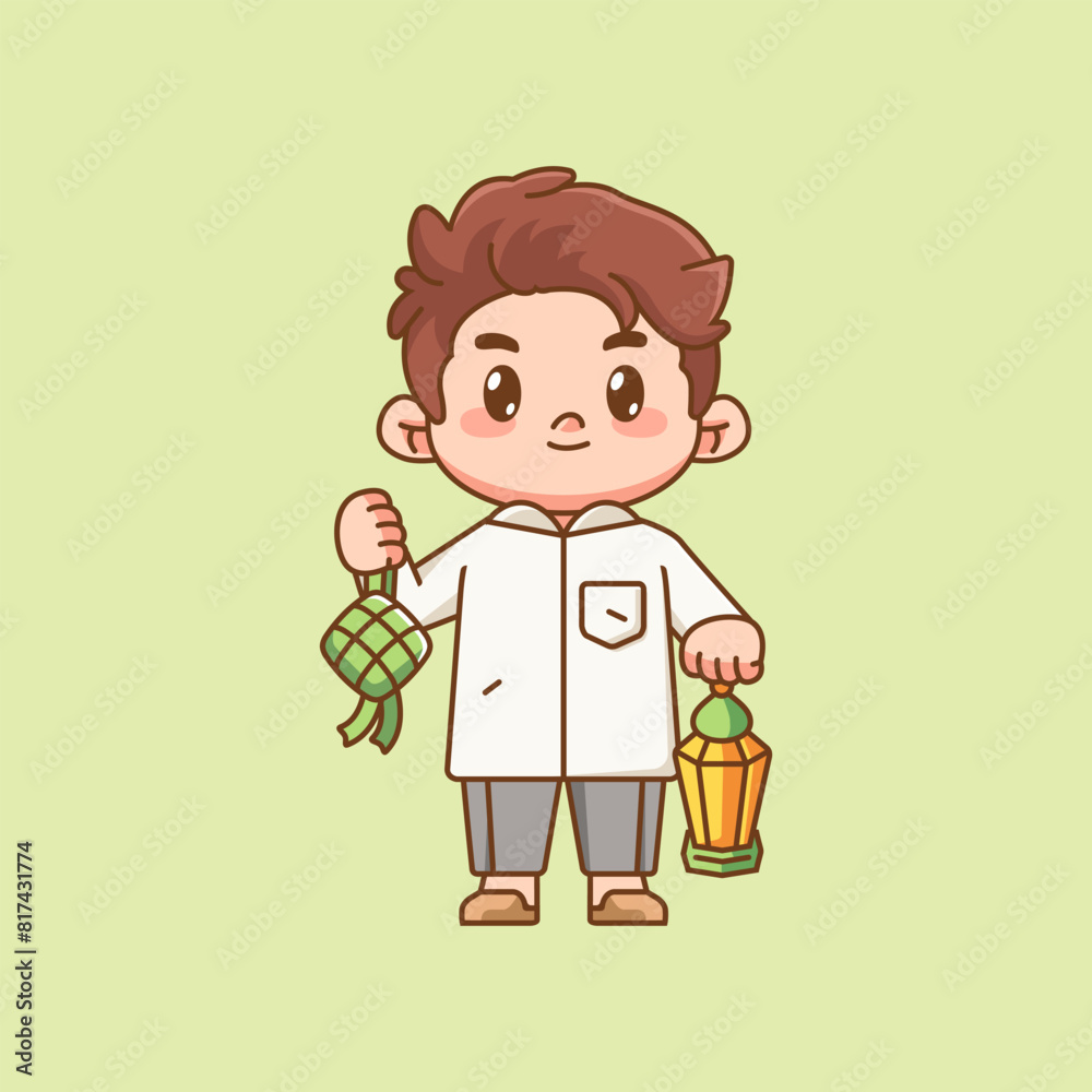 Cute muslim boy hold lantern and ketupat kawaii chibi character mascot illustration outline style design Cute muslim boy hold lantern and ketupat kawaii chibi character mascot illustration outline style design