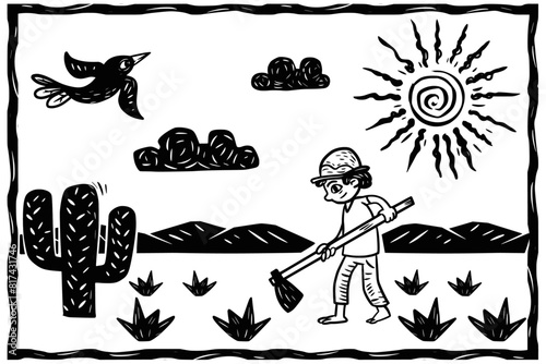 Country man plowing the land in the backlands. Woodcut style.