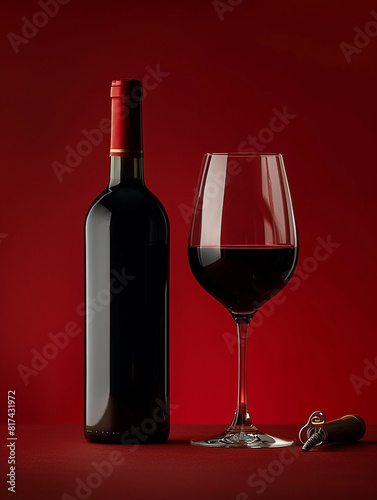 Photo of red , dark wine glass with wine bottle on the table