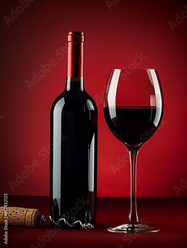 Photo of red , dark wine glass with wine bottle on the table