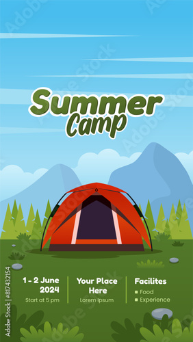 Summer camp poster, with tent, river and mountain vector illustration. include an event information detail below. Suitable for camping event posters, flyers and other	 (ID: 817432154)