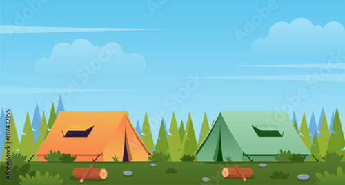 2 camping tentsin the forest. Summer landscape illustration for camping or hiking. sunny day with a couple of tents, mountains, and a forest. Suitable for camping event posters, banners and other (ID: 817432155)