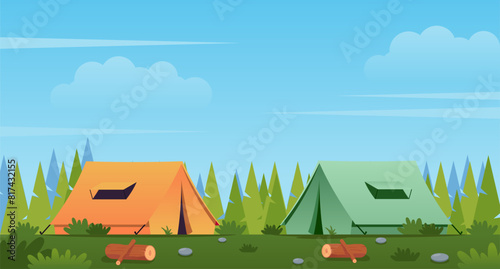 2 camping tentsin the forest. Summer landscape illustration for camping or hiking. sunny day with a couple of tents, mountains, and a forest. Suitable for camping event posters, banners and other