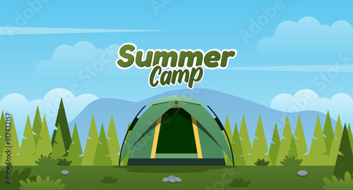Summer landscape illustration for camping or hiking. sunny day with a modern tent, mountains, and forest. Suitable for camping event posters, banners and other (ID: 817432157)