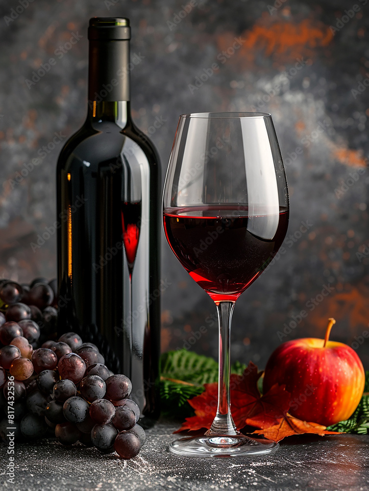 Obraz premium Photo of red , dark wine glass with wine bottle on the table